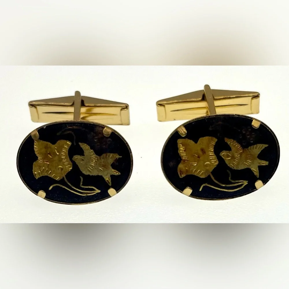 Vintage Gold Tone and Black Damascene Cufflinks